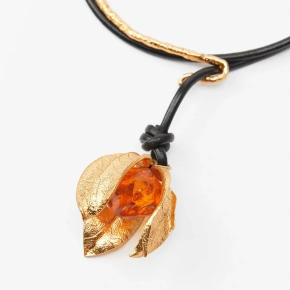 🆕 ZARA Physalis Choker Leather Lariat Necklace - Picture 5 of 11